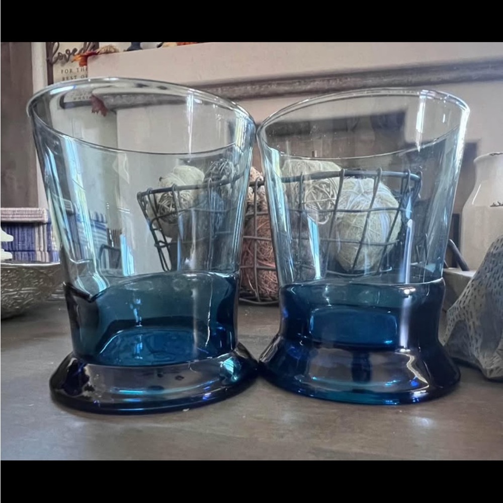 PIER 1. Set of Two Blue Wavy Glass Candle Holders. Holds 1” and Tealight Candles